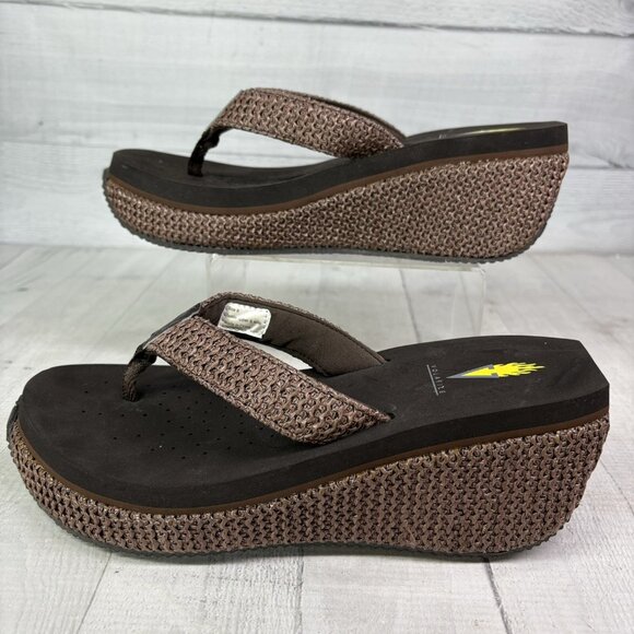 Volatile CANOVA Brown Raffia Straps Wedge Platform Thong Flip Flop Sandals Sz 9 - Picture 4 of 14